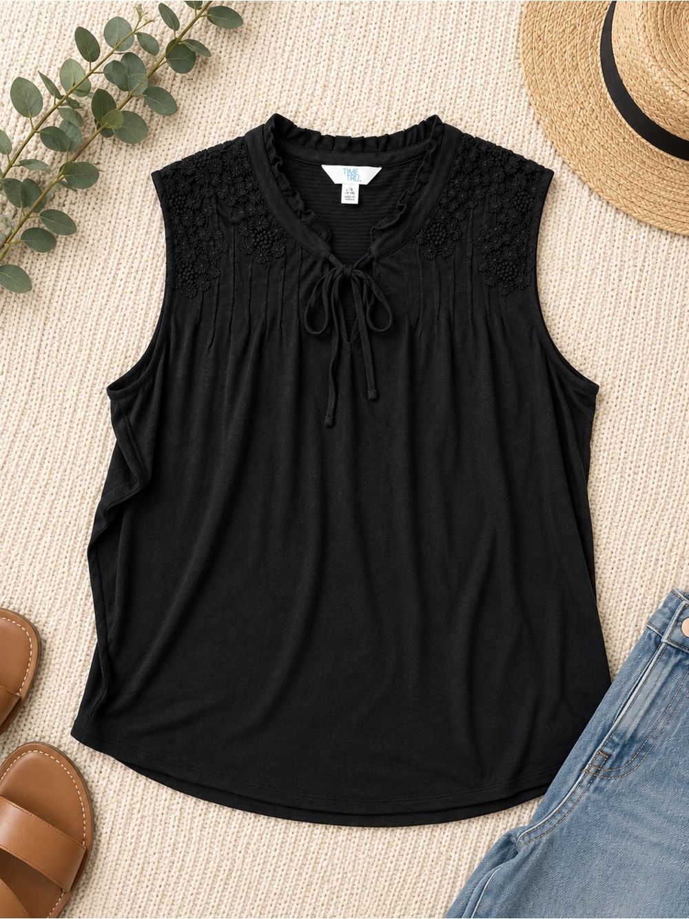 Time and Tru Black Sleeveless Tie-Neck Embroidered Yoke Top